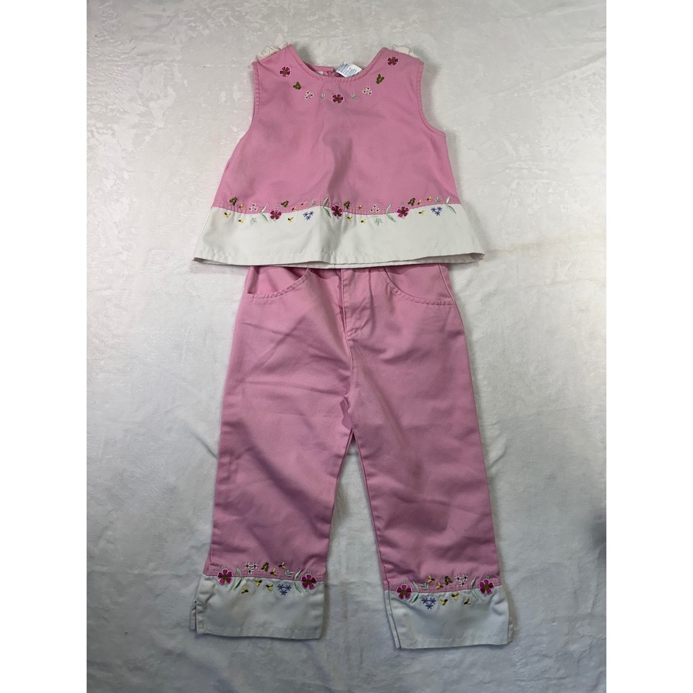Floral Embroidered 2PC Pant Set 6 Pink White Bee Detail Kids Y2K